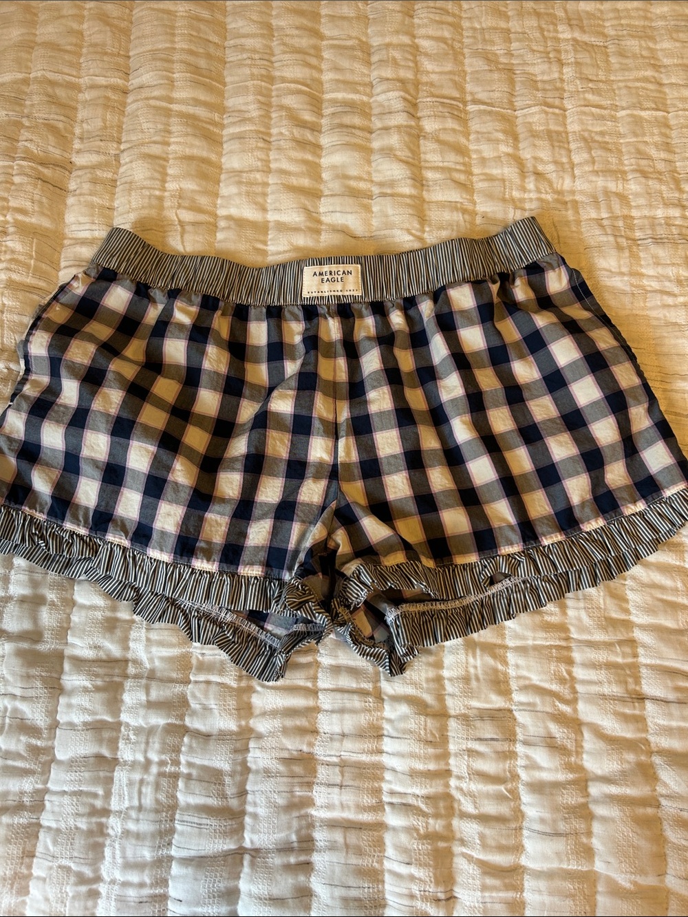 American Eagle Outfitters Navy and White Plaid Ruffle-Hem Shorts